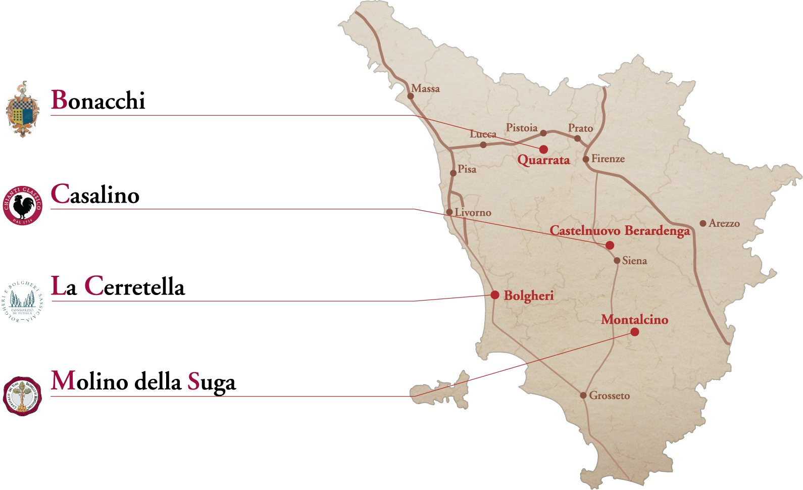 Cartina geografica delle tenute Bonacchi
